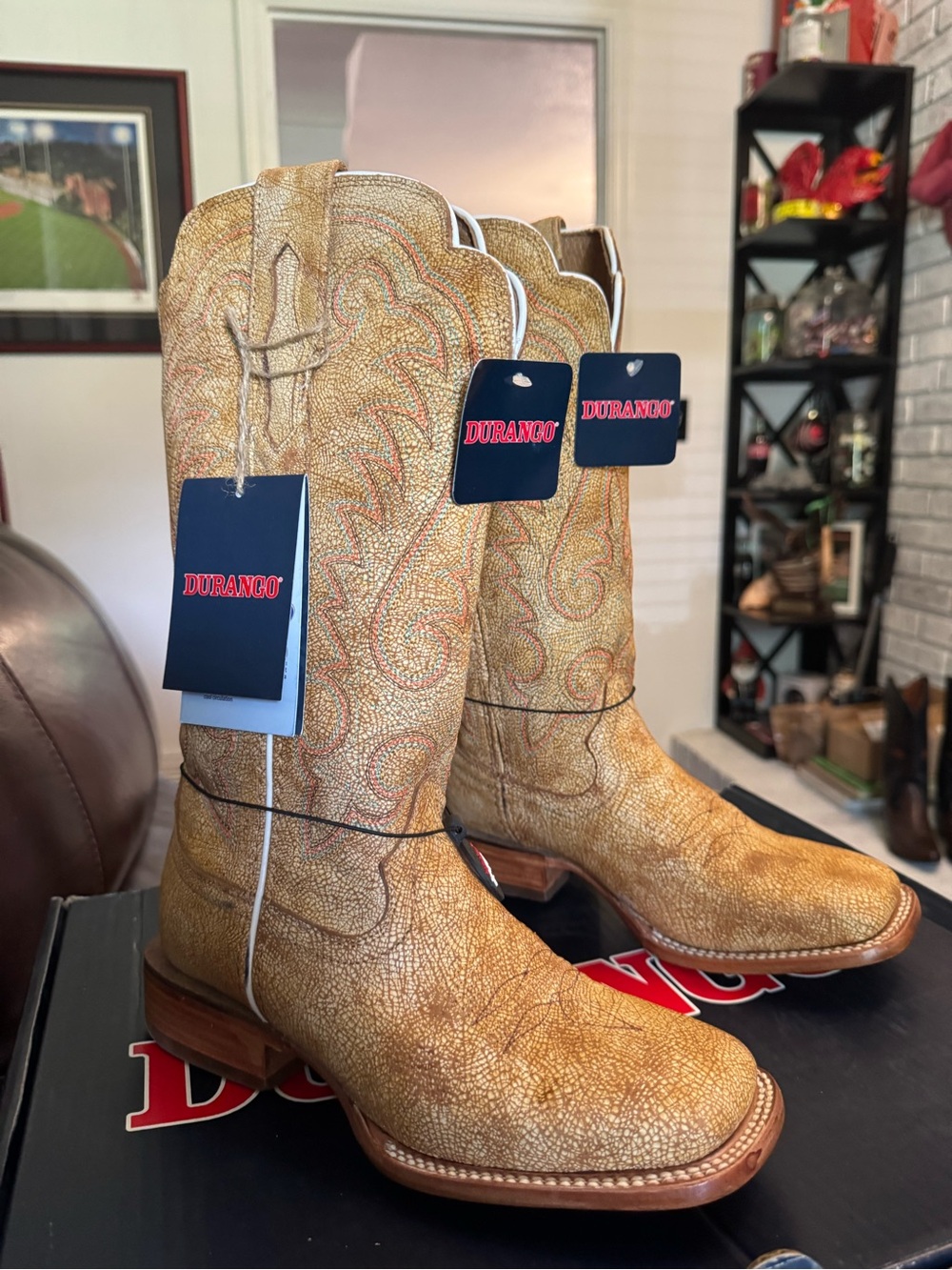 Durango Tan Crackled Leather Western Boots with Embroidered Shaft